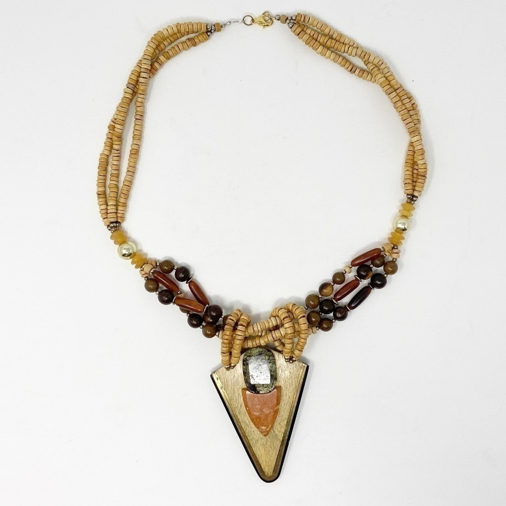 VINTAGE | Long Boho Beaded Statement Necklace Wood